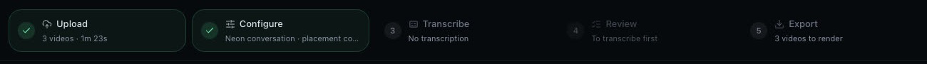 The step bar of Auto captions: upload and configuration approved.