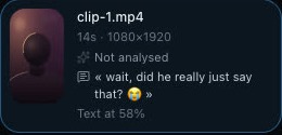 The card of an uploaded video: name, length, format, caption kept.