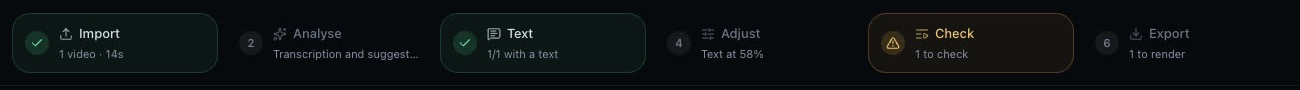 The step bar of Text Overlay, the caption chosen and the check pending.