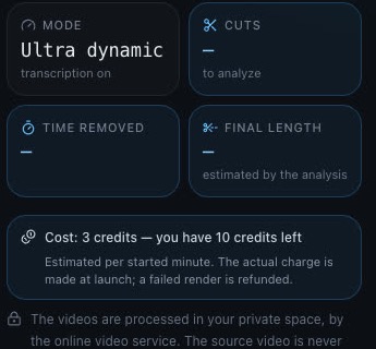 The batch summary: mode, cuts, time removed, final length, cost.