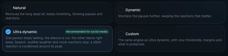 The four modes: Natural, Dynamic, Ultra dynamic, Custom.