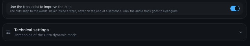 The “Use the transcript” switch and the technical settings.