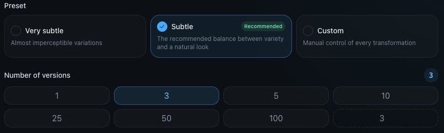 The Very subtle, Subtle and Custom presets, and the number of versions.