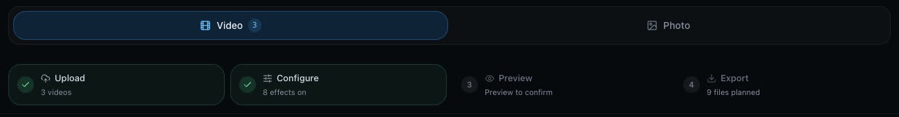 The Video and Photo tabs and the step bar of the Metadata Editor.