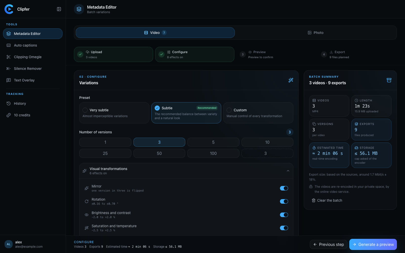 Set the variations of a batch of videos, then approve the preview.